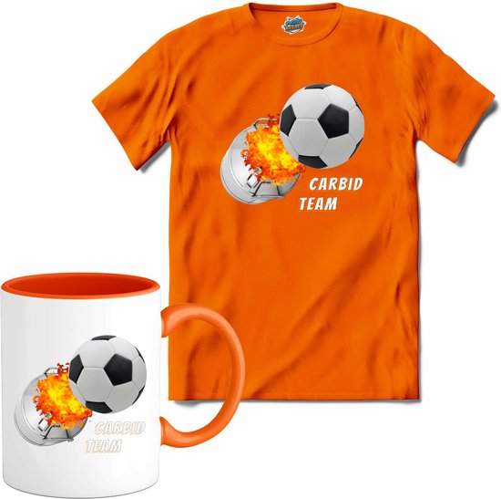 Carbid bus voetbal schieten | oud en nieuw melkbus vuurwerk - T-Shirt met mok - Unisex - Oranje - Maat 3XL