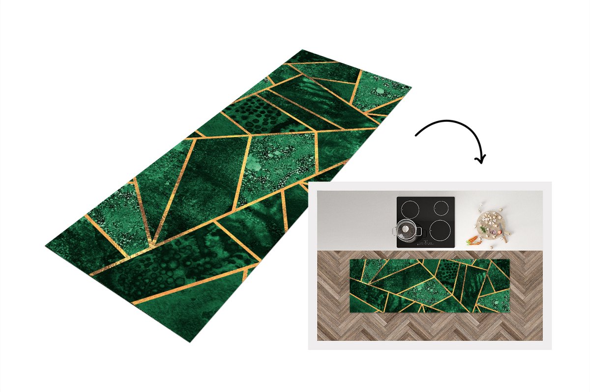 KitchenYeah Keukenloper - Loper keuken - Smaragd - Goud - Abstract - Patronen - Keukenloper vinyl, foto 7