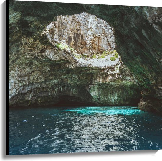 WallClassics - Canvas  - Heldr Blauw Water in Open Grot - 100x100 cm Foto op Canvas Schilderij (Wanddecoratie op Canvas)