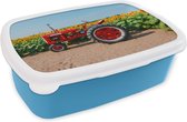 Broodtrommel Blauw - Lunchbox - Brooddoos - Trekker - Rood - Zonnebloem - Boerderij - Bloemen - 18x12x6 cm - Kinderen - Jongen