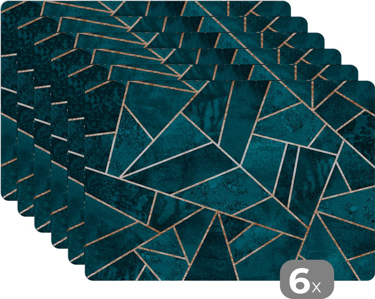 Placemat - Blauw - Luxe - Goud - Edelstenen - Patroon - Tafel - Placemats - 45x30 cm - 6 stuks