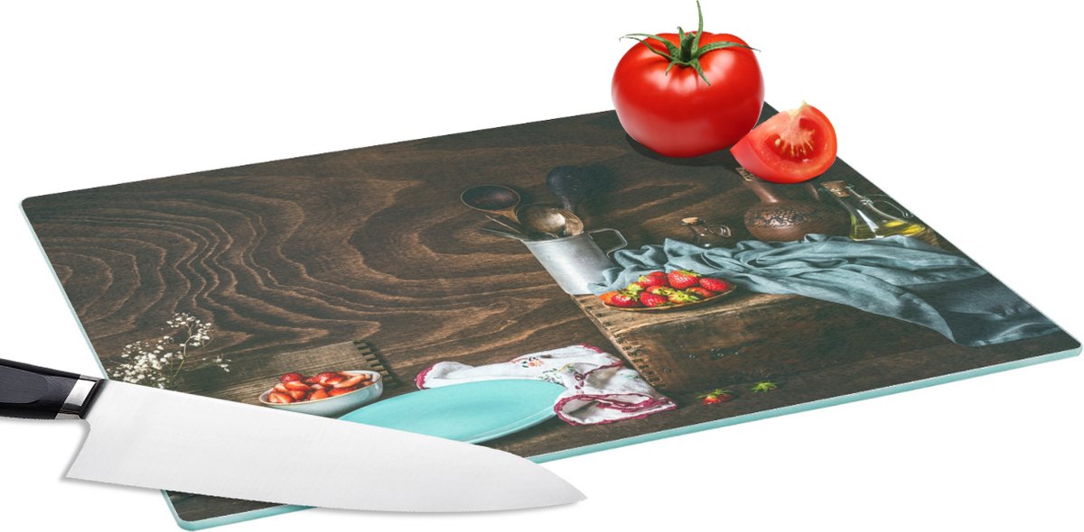 Glazen Snijplank - 39x28 - Rustiek - Fruit - Keukengerei - Aardbei - Snijplanken Glas