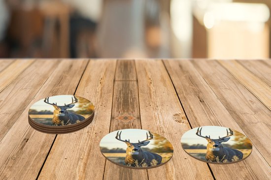 Sous- Sous-verres pour verres - Ronds - Cerf - Herbe - Automne - 10x10 cm - Sous-verres - 6 pièces