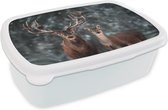 Broodtrommel Wit - Lunchbox - Brooddoos - Hert - Dieren - Winter - Gewei - Sneeuw - Natuur - 18x12x6 cm - Volwassenen