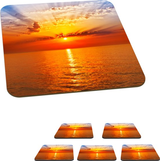 Sous-verres pour verres - Coucher de soleil - Mer - Ciel - Oranje - Horizon - Water - 10x10 cm - Sous-verres en verre - 6 pièces