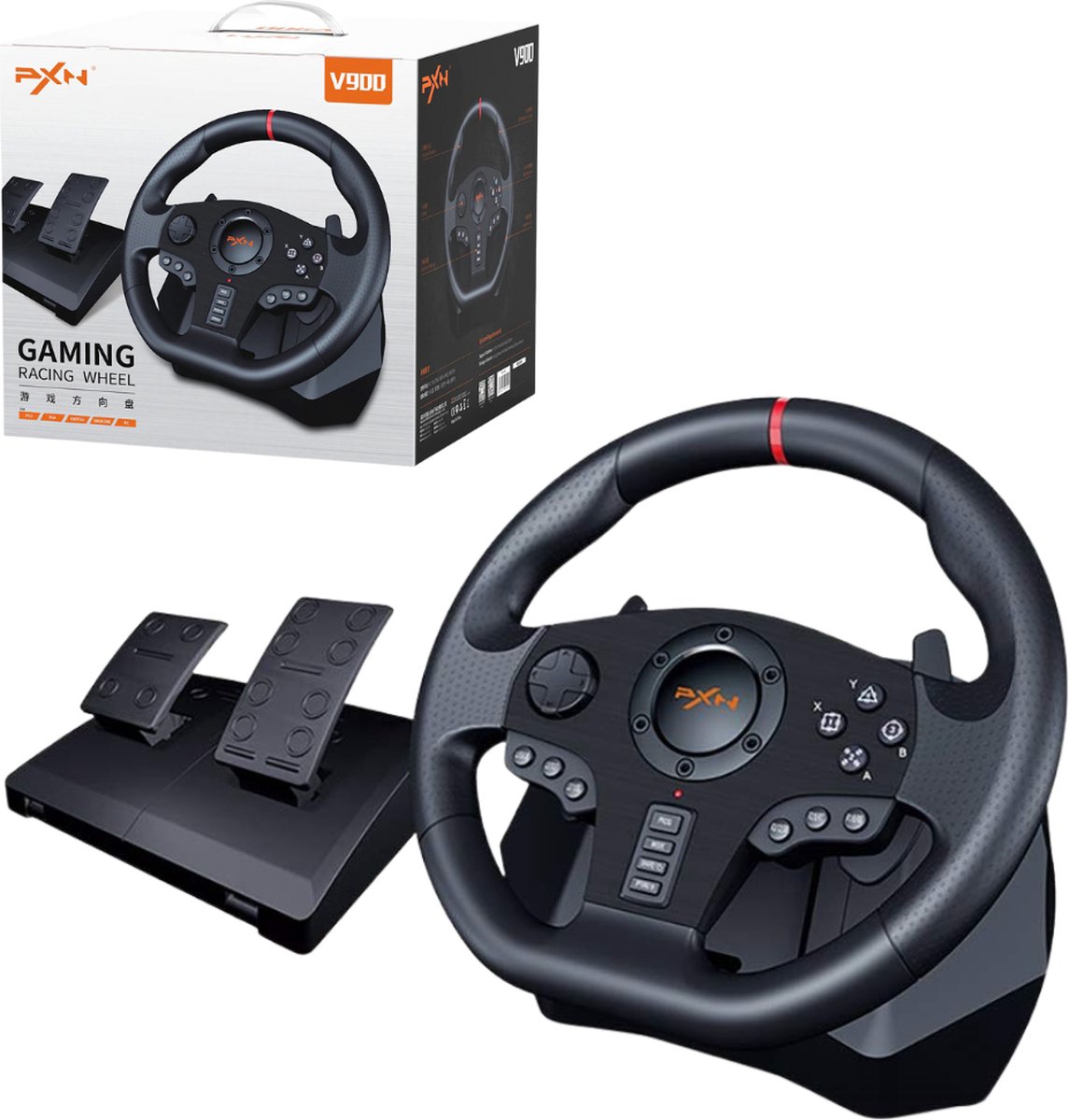 PNX V900 Pro Race Stuur - Dual Force Feedback - Driving Force Racing Wheel - Game Stuur geschikt voor PS4, Xbox One, Xbox Series, Nintendo Switch & PC