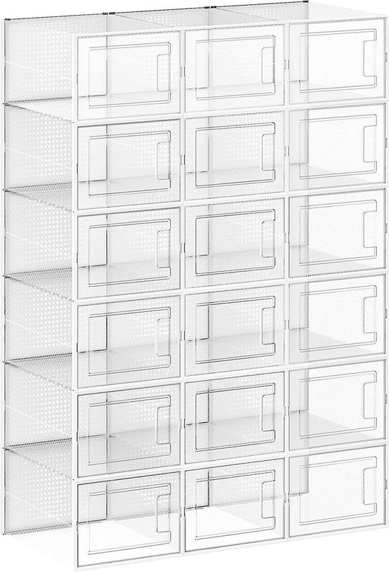 20-delige stapelbare schoenendoos met deksel, schoenenbox, transparant, stapelbare opbergdoos van PP, transparante schoenendoos, kunststof, wit, schoenenorganizer, schoenenbox, 22,5 x 33 x 14 cm