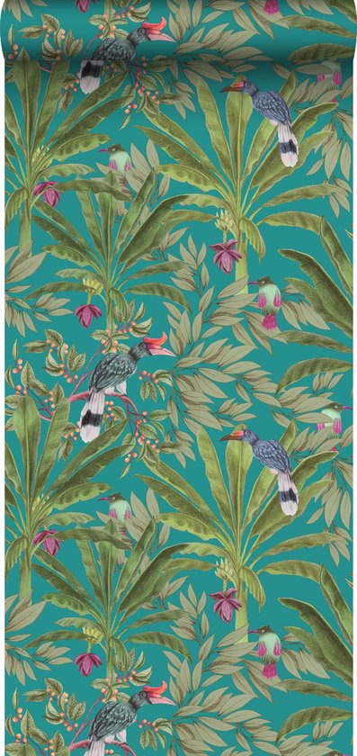 Papier peint ESTAhome feuilles de jungle tropicale et oiseaux de paradis bleu pétrole et vert jungle - 0- 0,53 x 10,05 m