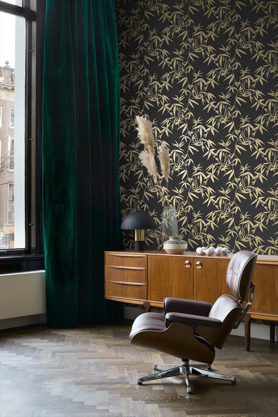 Papier peint Origin feuilles de bambou noir et or - 347740 - 0,53 x 10,05 m