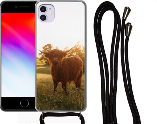 Coque avec cordon iPhone 12 Mini - Highlander écossais - Herbe - Soleil - Siliconen - Bandoulière - Coque arrière avec cordon - Coque pour téléphone avec cordon - Coque avec corde