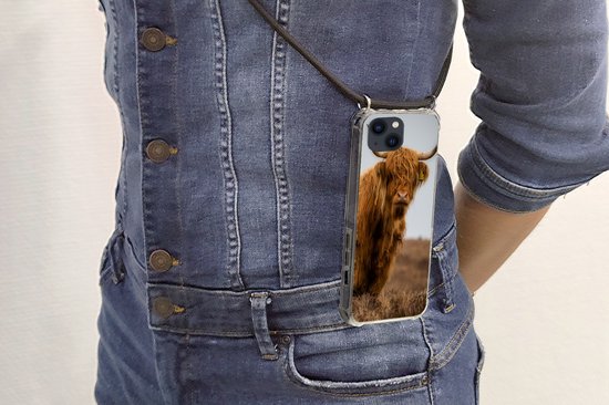 Coque avec cordon iPhone 13 Mini - Highlander écossais - Dune - Herbe - Siliconen - Bandoulière - Coque arrière avec cordon - Coque pour téléphone avec cordon - Coque avec corde