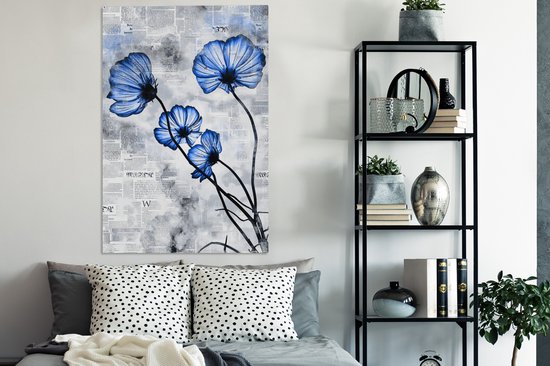 Toile Peinture Fleurs - Journal - Blauw - 80x120 cm - Décoration murale