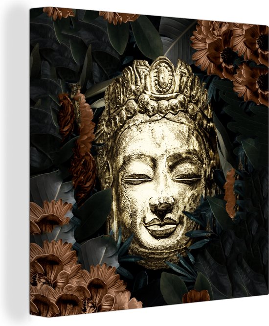Canvas Schilderij Buddha - Goud - Beeld - Bloemen - 90x90 cm - Wanddecoratie