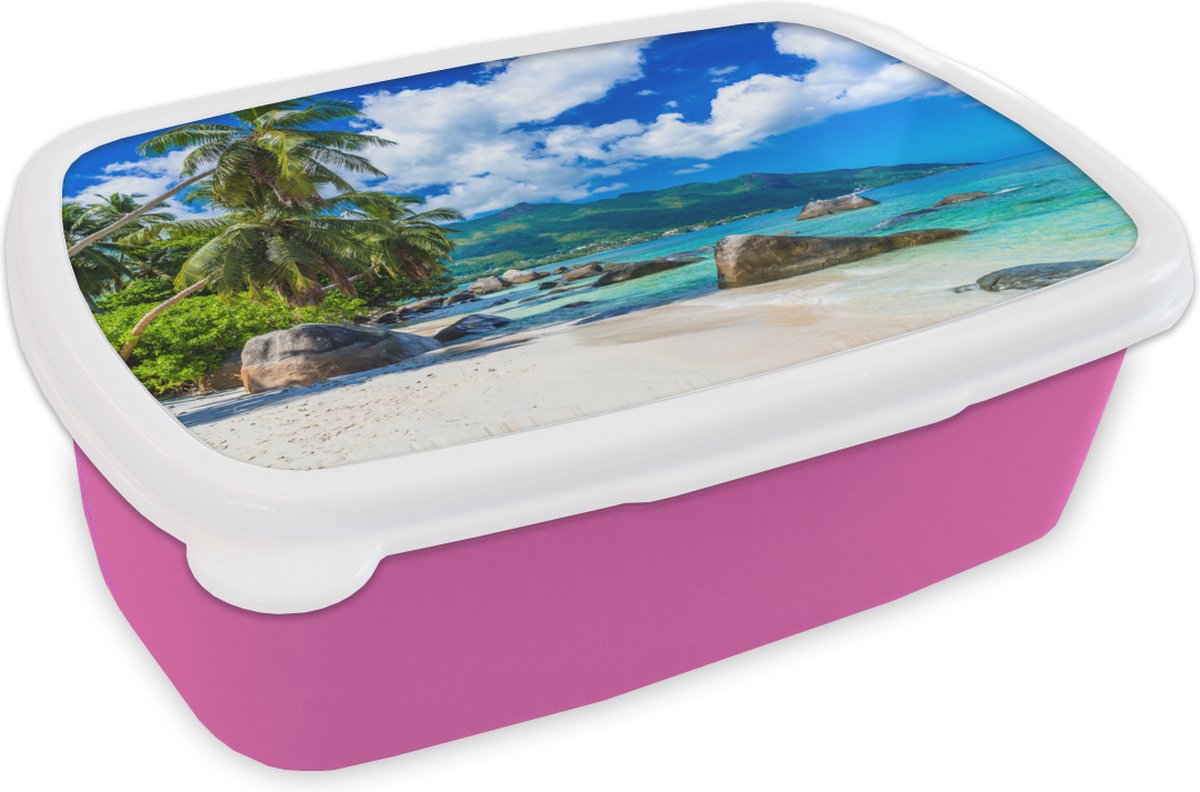 Broodtrommel Roze - Lunchbox - Brooddoos - Strand - Zee - Tropisch - 18x12x6 cm - Kinderen - Meisje