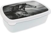 Broodtrommel Wit - Lunchbox - Brooddoos - Paard - Dieren - zwart - Wit - 18x12x6 cm - Volwassenen