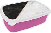 Broodtrommel Roze - Lunchbox - Brooddoos - Marmer - Wit - Zwart - Goud - 18x12x6 cm - Kinderen - Meisje