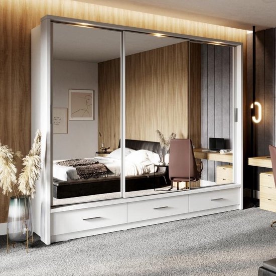 Armoire à portes coulissantes Arti avec tiroirs et miroir L250 x H215 - Wit