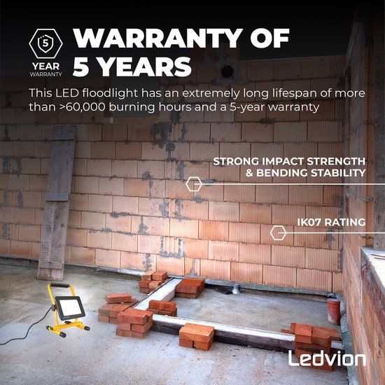 Ledvion - LED Bouwlamp - IP65 - 50W - 120lm/W - 6000L - Incl. 1 -5M Aansluit