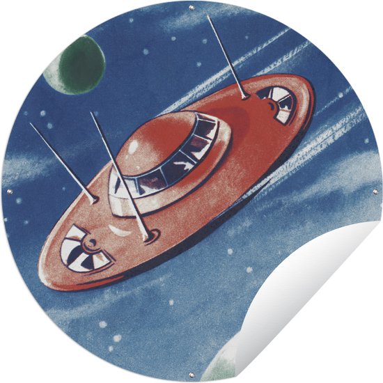 Tuincirkel Een illustratie van een UFO tussen de planeten - Jongens - Meisjes - Kinderen - Kind - 90x90 cm - Ronde Tuinposter - Buiten