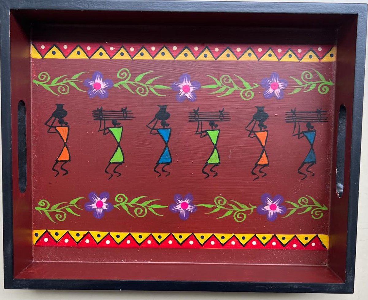 Hand Painted Warli Art Wooden Tray -Brown