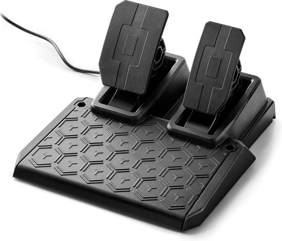 Zwarte pedalen met antislip textuur en een meegeleverde kabel.