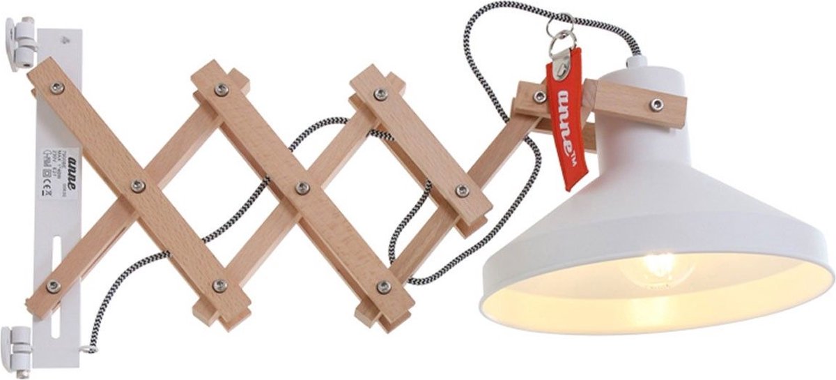 Schaarlamp Woody | 1 lichts | wit | hout / metaal | ⌀ 23 cm | verstelbare wandlamp | scandinavische look | modern / landelijk / industrieel design