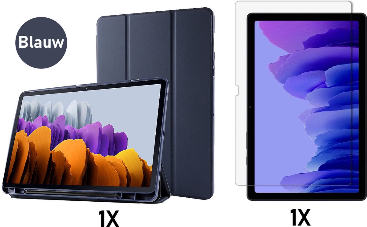 Casemania Hoes Geschikt voor Samsung Galaxy Tab S8 Plus - S7 FE & Tab S7 Plus Hoes Blauw & Glazen Screenprotector - Tri Fold Tablet Case - Smart Cover
