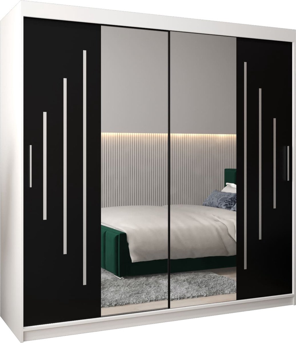 InspireME Kledingkast met 2 schuifdeuren, Modern-stijl, Een kledingkast met planken en een spiegel (BxHxD): 200x200x62 - MALTESE I 200 Wit Mat + Zwart met 4 lades