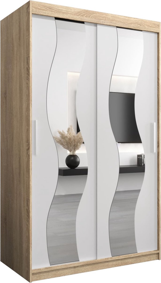 InspireME Kledingkast met 2 schuifdeuren, Modern-stijl, Een kledingkast met planken en een spiegel (BxHxD): 120x200x62 - REESE 120 Sonoma Eik + Wit Mat met 2 lades