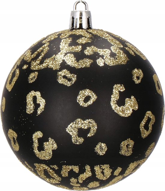Zwarte kerstbal met gouden luipaardprint.