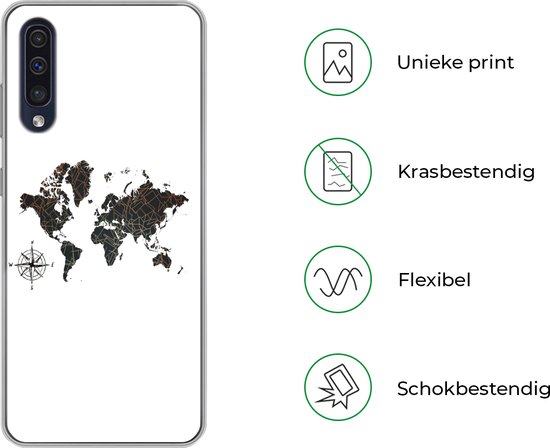 Telefoonhoesje Geschikt voor Samsung Galaxy A50 hoesje - Wereldkaart - Goud - Zwart - Windroos - Siliconen Telefoonhoesje Telefoonhoesje