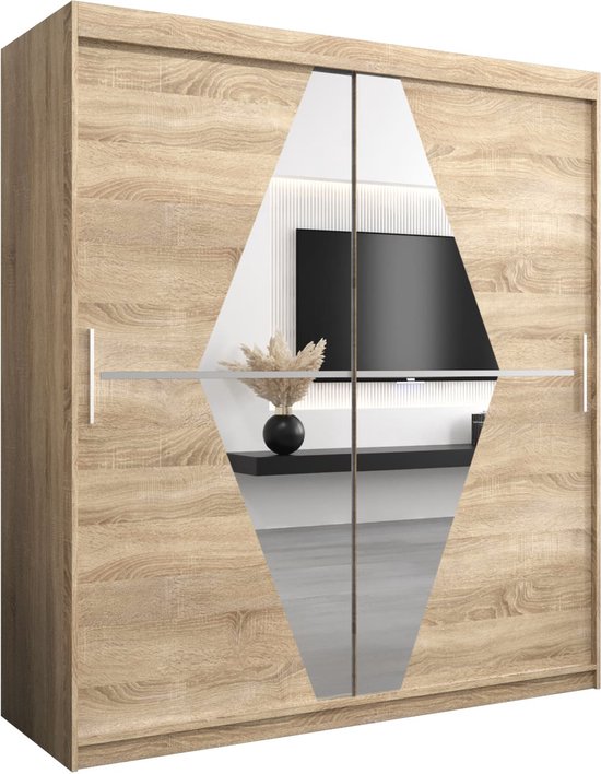 Kledingkast met houten nerf en een ruitvormige spiegel, met schuifdeuren.