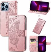 Smartphonica iPhone 13 Pro kunstleren hoesje met vlinder opdruk - Rosé Goud / Kunstleer / Book Case geschikt voor Apple iPhone 13 Pro