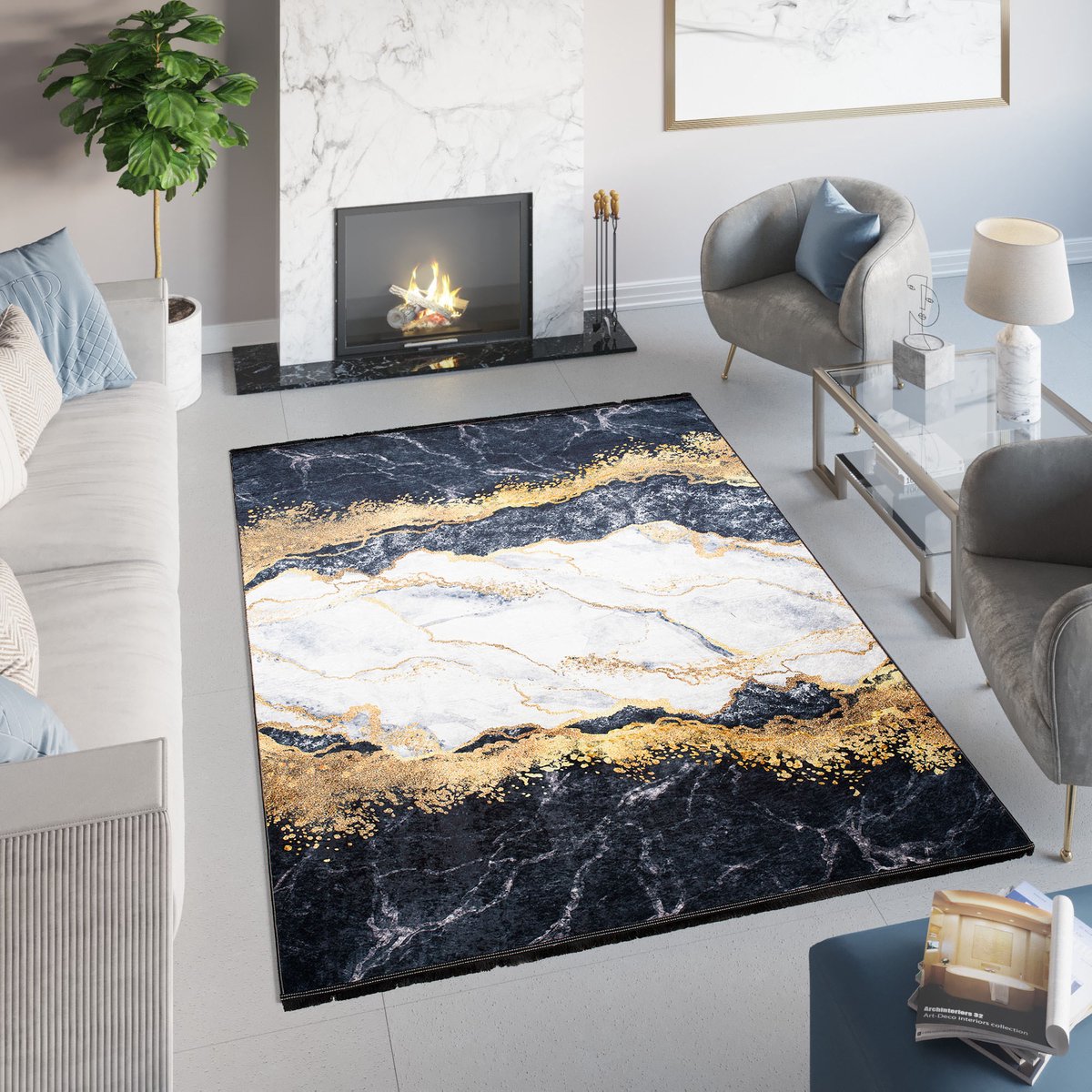 Tapiso Toscana Vloerkleed Kwastjes Grijs Gouden Abstract Tapijt Maat- 80x150