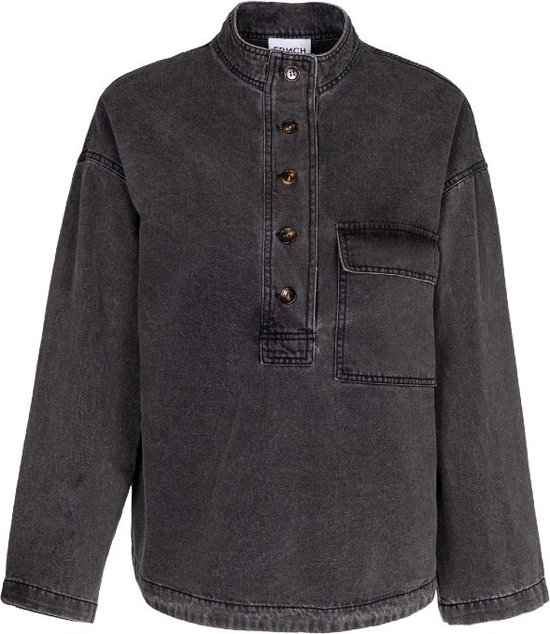 Solaine Denim High Round Collar, Long Sleeved with Front Pocket detail Top by Frnch - Dark Denim Blue main image 1