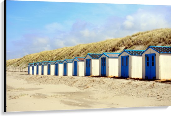 WallClassics - Canvas  - Blauw met Witte Strandhuisjes - 150x100 cm Foto op Canvas Schilderij (Wanddecoratie op Canvas)