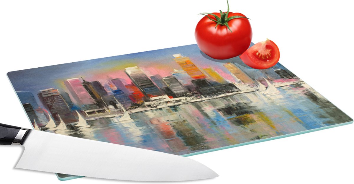Glazen Snijplank - 28x20 - Schilderij - Olieverf - Skyline - Water - Snijplanken Glas