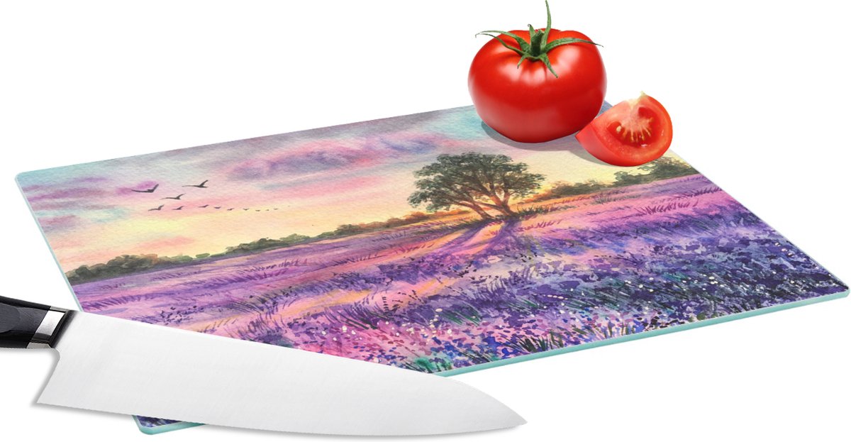 Glazen Snijplank - 28x20 - Lavendel - Verf - Vogels - Bomen - Paars - Snijplanken Glas