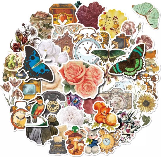 Retro Stickers 50 Stuks | Bloemen Stickers | Bohemien Stickers | Vlinders | Dieren | Laptop Stickers | Decoratie | Stickers Kinderen | Stickers Volwassenen | Bladeren | Plakstickers | Stickers Bullet Journal | Planner Stickers - Merkloos