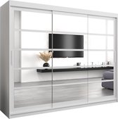 InspireMe - Kledingkast met 3 schuifdeuren, Modern-stijl, Een kledingkast met planken en een spiegel (BxHxD): 250x200x62 - VENEZIA II 250 Wit Mat mat 4 lades