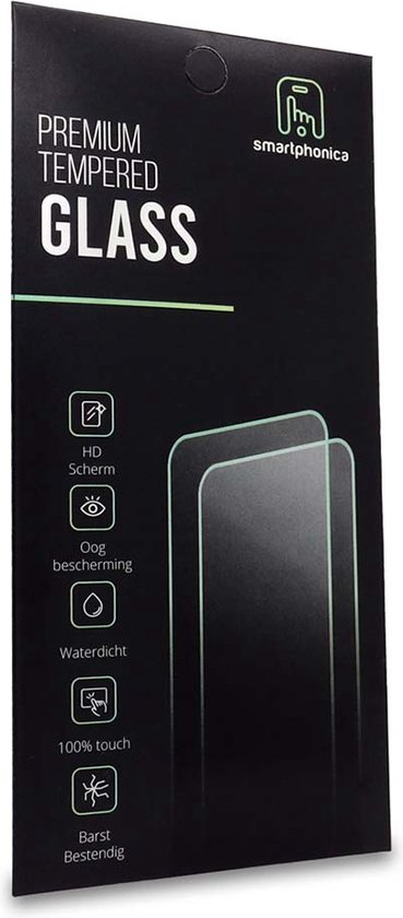Doosje met 'PREMIUM TEMPERED GLASS' en Smartphonica logo, met pictogrammen voor HD-scherm, oogbescherming, waterdicht, 100% touch en krasbestendigheid.