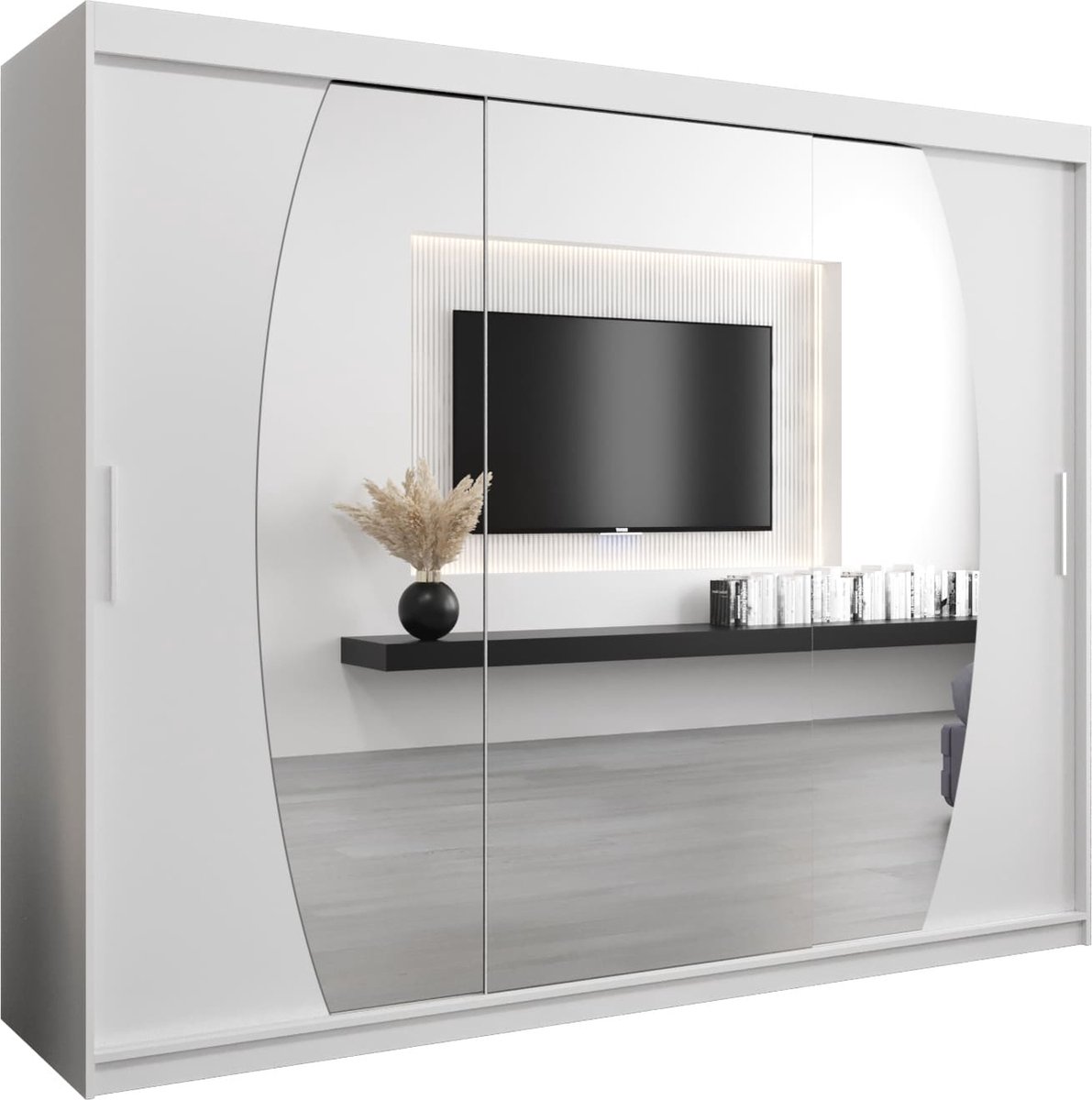 InspireME Kledingkast met 3 schuifdeuren, Modern-stijl, Een kledingkast met planken en een spiegel (BxHxD): 250x200x62 - GLOBE 250 Wit Mat mat 4 lades