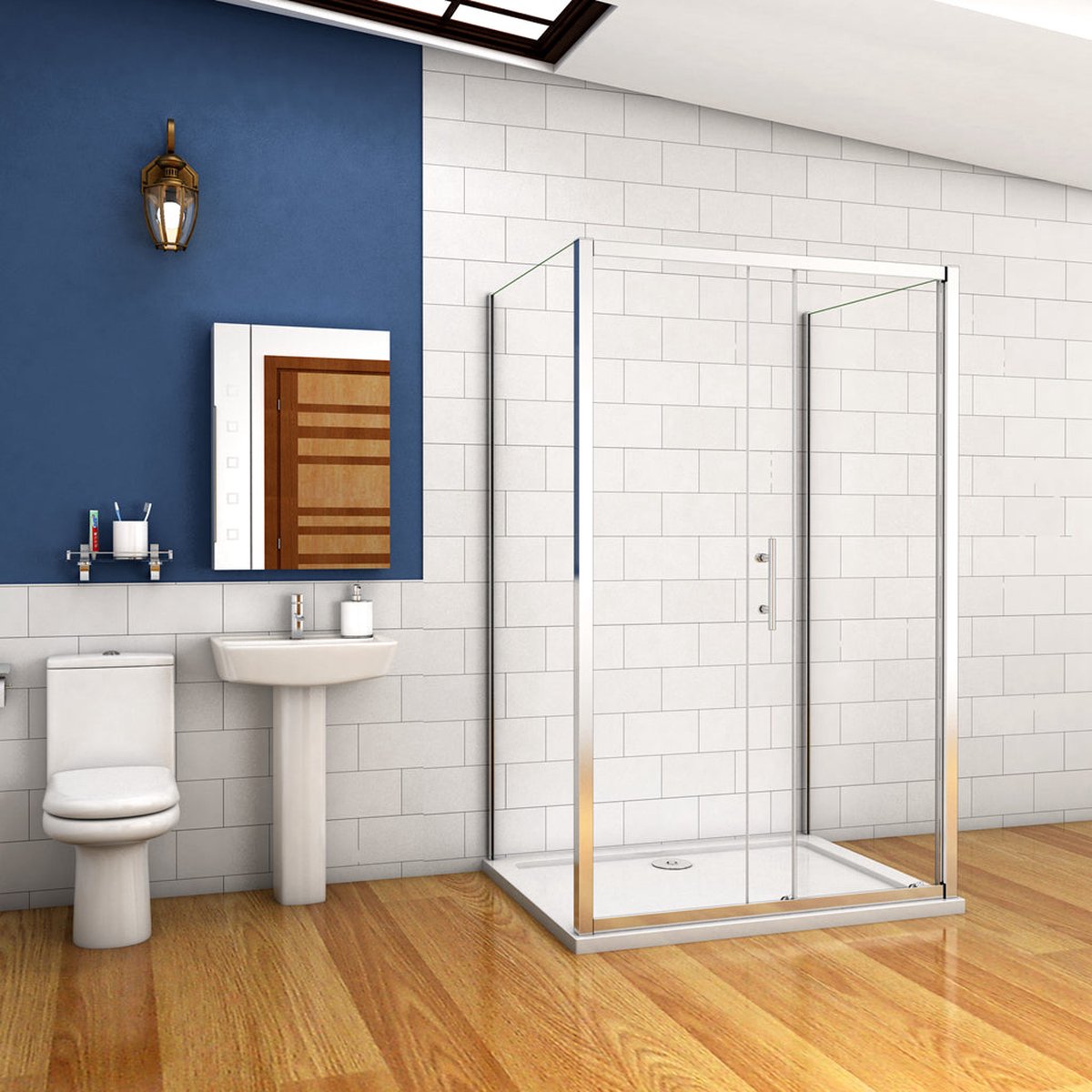 140x90x90cm Douchecabine 190cm hoog,schuifdeur met Twee Zijwanden,Aluminium muurprofiel Helder Glas 6mm.