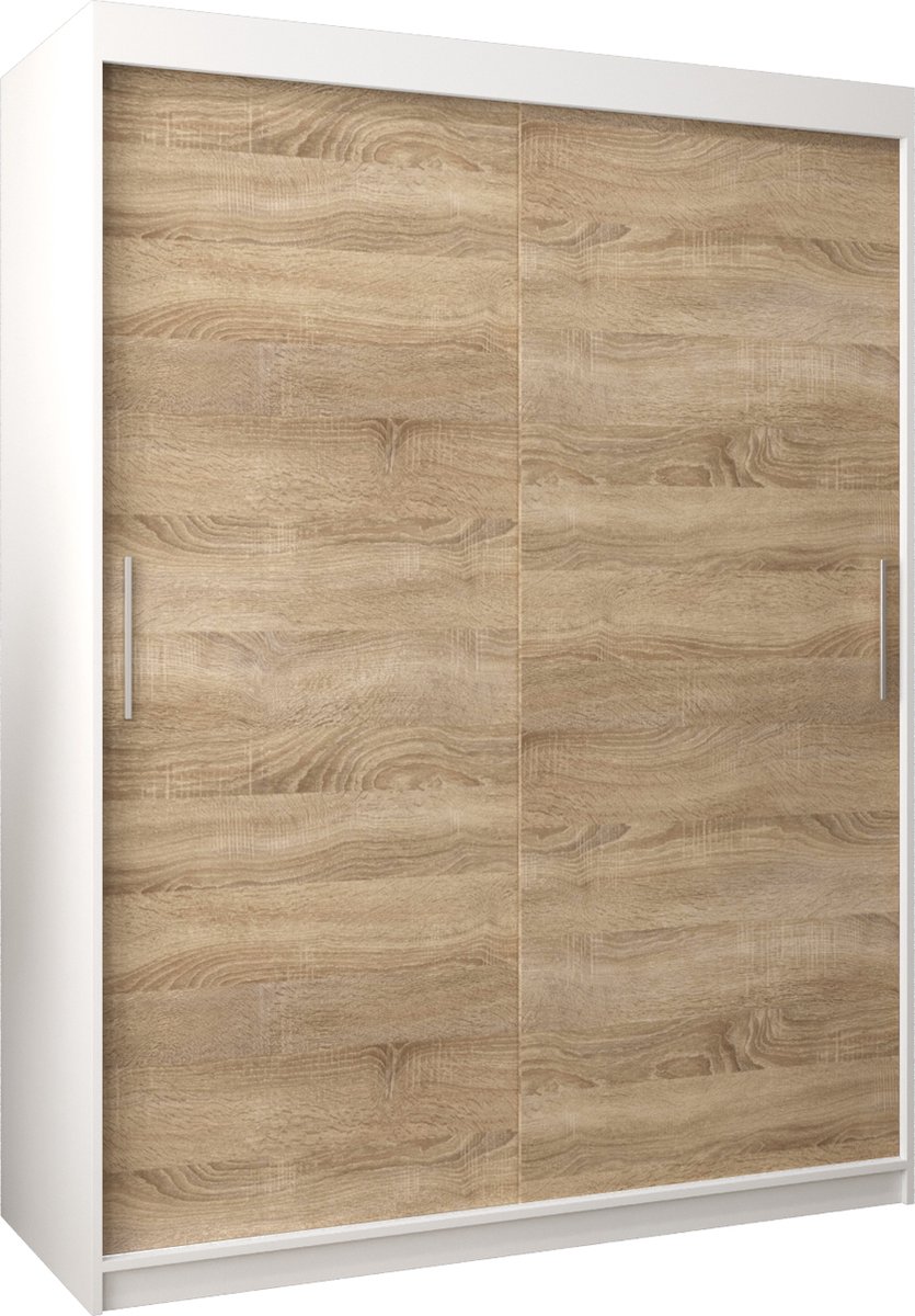 InspireME Kledingkast met 2 schuifdeuren, Modern-stijl, Kledingkast met planken (BxHxD): 150x200x62 - TORM 150 Wit Mat + Sonoma Eik