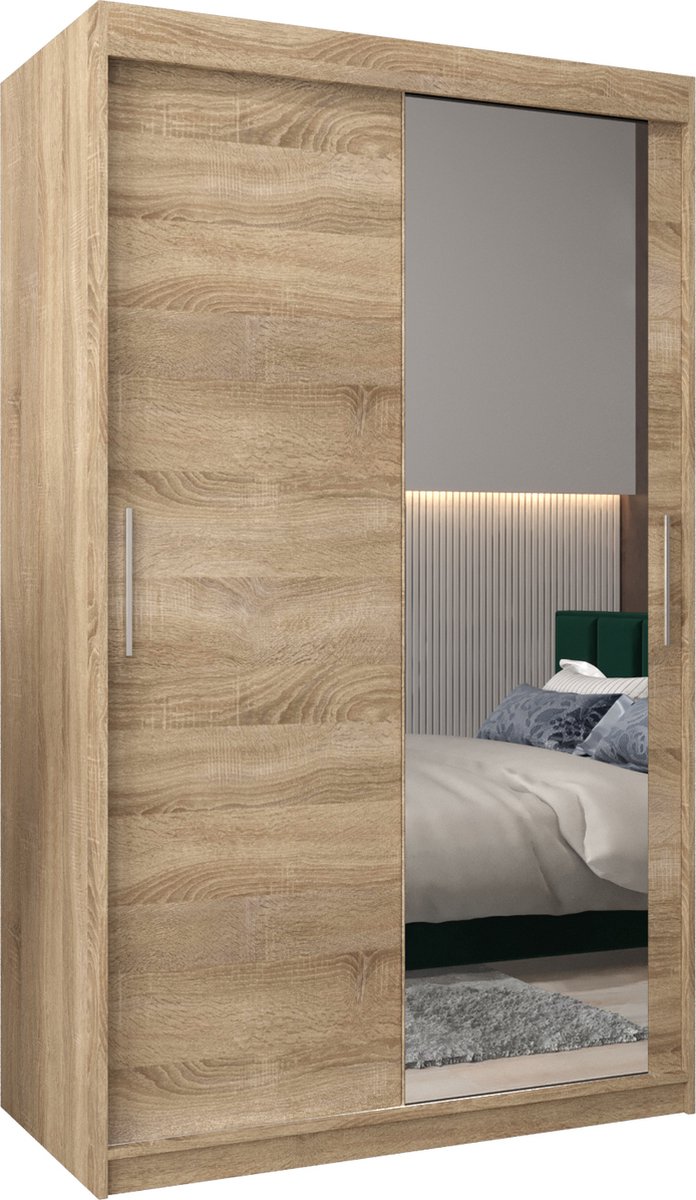 InspireMe - Kledingkast met 2 schuifdeuren, Modern-stijl, Kledingkast met planken (BxHxD): 120x200x62 - TORM II 120 Sonoma Eik met 2 lades