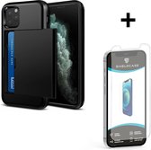 ShieldCase Kaarthouder case met slide geschikt voor Apple iPhone 12 / 12 Pro - 6.1 inch - zwart + glazen Screen Protector