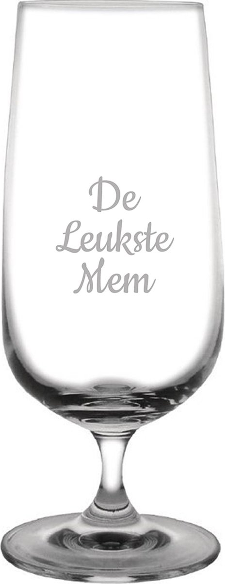 Gegraveerde bierglas op voet 41cl De Leukste Mem