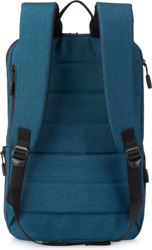 Achterkant van de blauwe Hedgren laptoprugzak met gepolsterde banden.