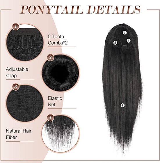 Ponytail Extensions 35 cm Rechte Paardenstaart Haar Extension Zwart met Trekkoord...