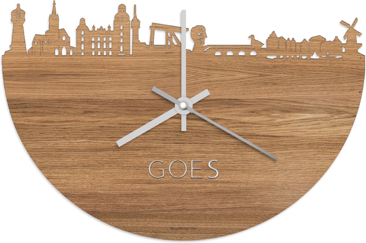 Skyline Klok Goes Eikenhout - Ø 40 cm - Stil uurwerk - Wanddecoratie - Meer steden beschikbaar - Woonkamer idee - Woondecoratie - City Art - Steden kunst - Cadeau voor hem - Cadeau voor haar - Jubileum - Trouwerij - Housewarming - WoodWideCities